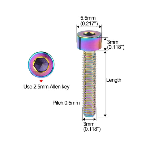 5pcs M3 3mm Socket Head Titanium Hex Screw TC4 Alloy (Variety Length/Color)
