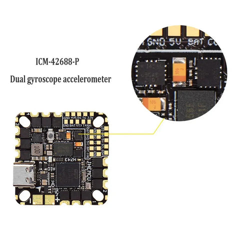 JHEMCU GH743AIO-HD 50A AIO Flight Controller with AM32 ESC and Dual ICM-42688 Gyros