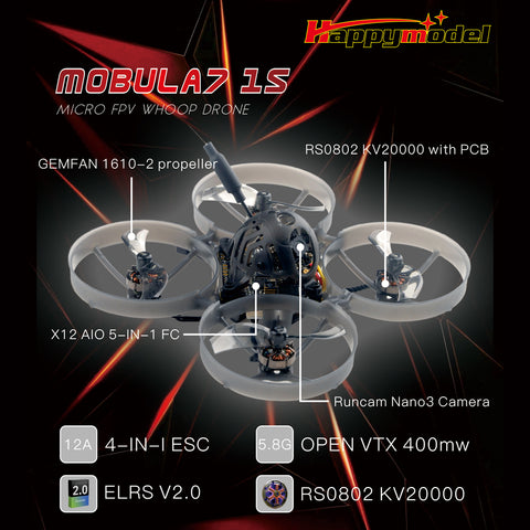 HappyModel BNF Mobula7 1S 75mm Brushless Whoop BNF (ELRS / D8, D16 / AFHDS-2A Receiver) Bind-N-Fly