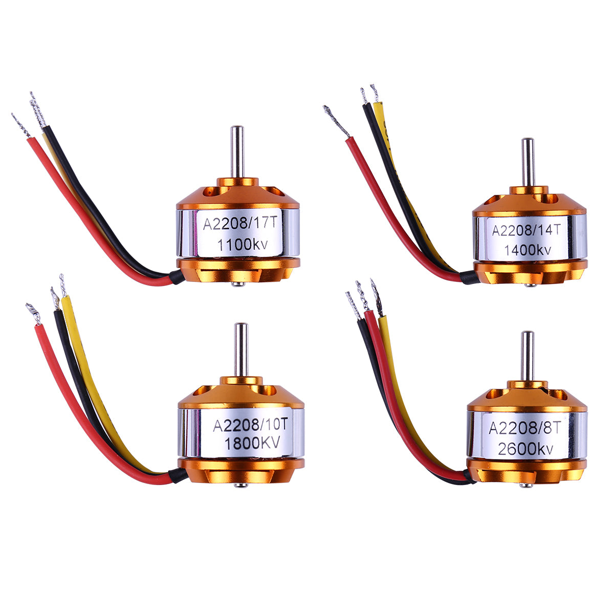 FEICHAO 4Pcs A2208 Brushless Motor 2600KV For RC Drones - 2-3S, 12A Capacity, With Banana Plugs