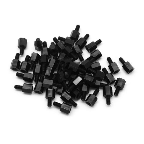 50pcs M3x6+6mm Nylon Threaded Spacer Standoff Black w/ Male + Female Threading